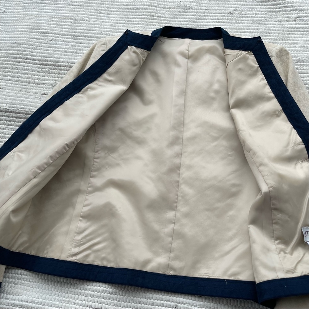 Vintage Nat Kaplan Ultrasuede Skirt Suit Navy Trim 70s Madison Ave Size 14 - Picture 11 of 12